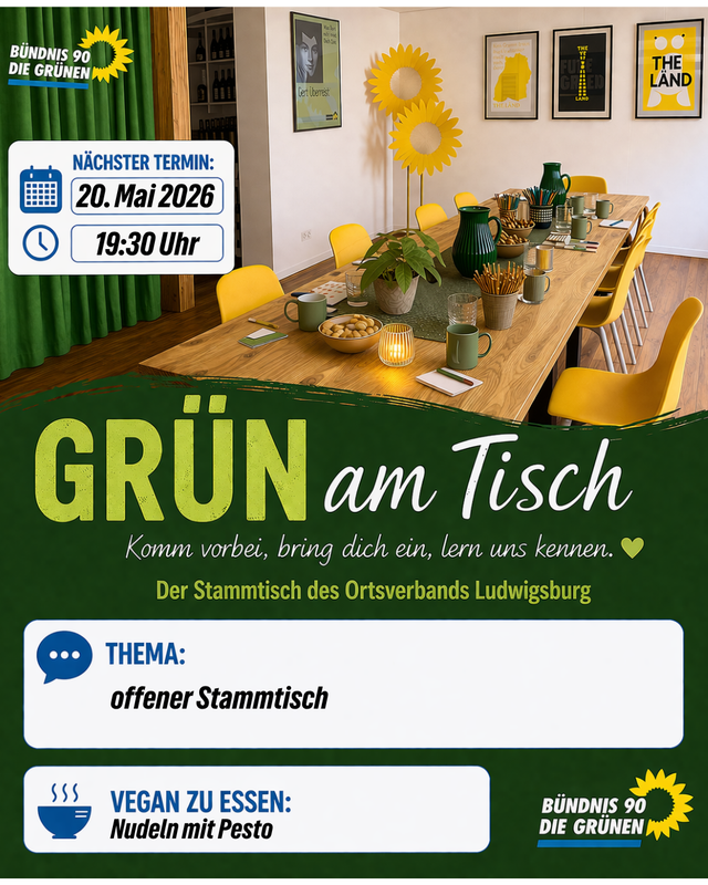 Einladung zum offenen Stammtisch „Grün am Tisch“